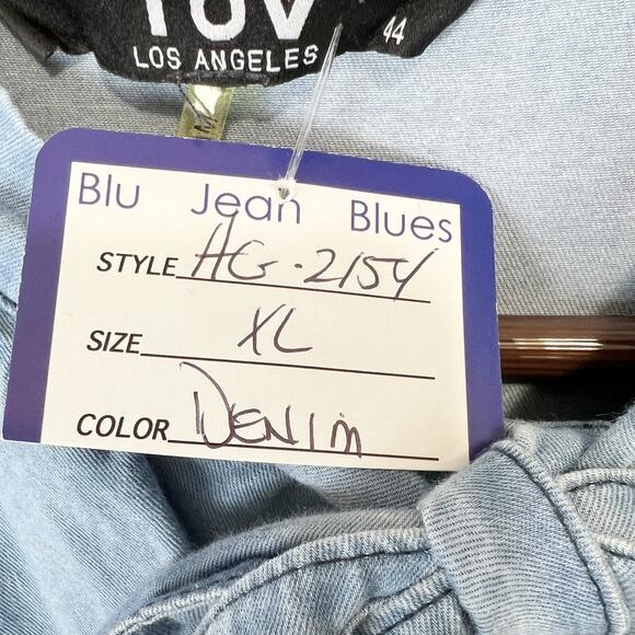 TOV NWT‎ Blue Distressed Victorian Tie Neck Ruffle Tiered Denim Dress Size XL - Picture 11 of 13